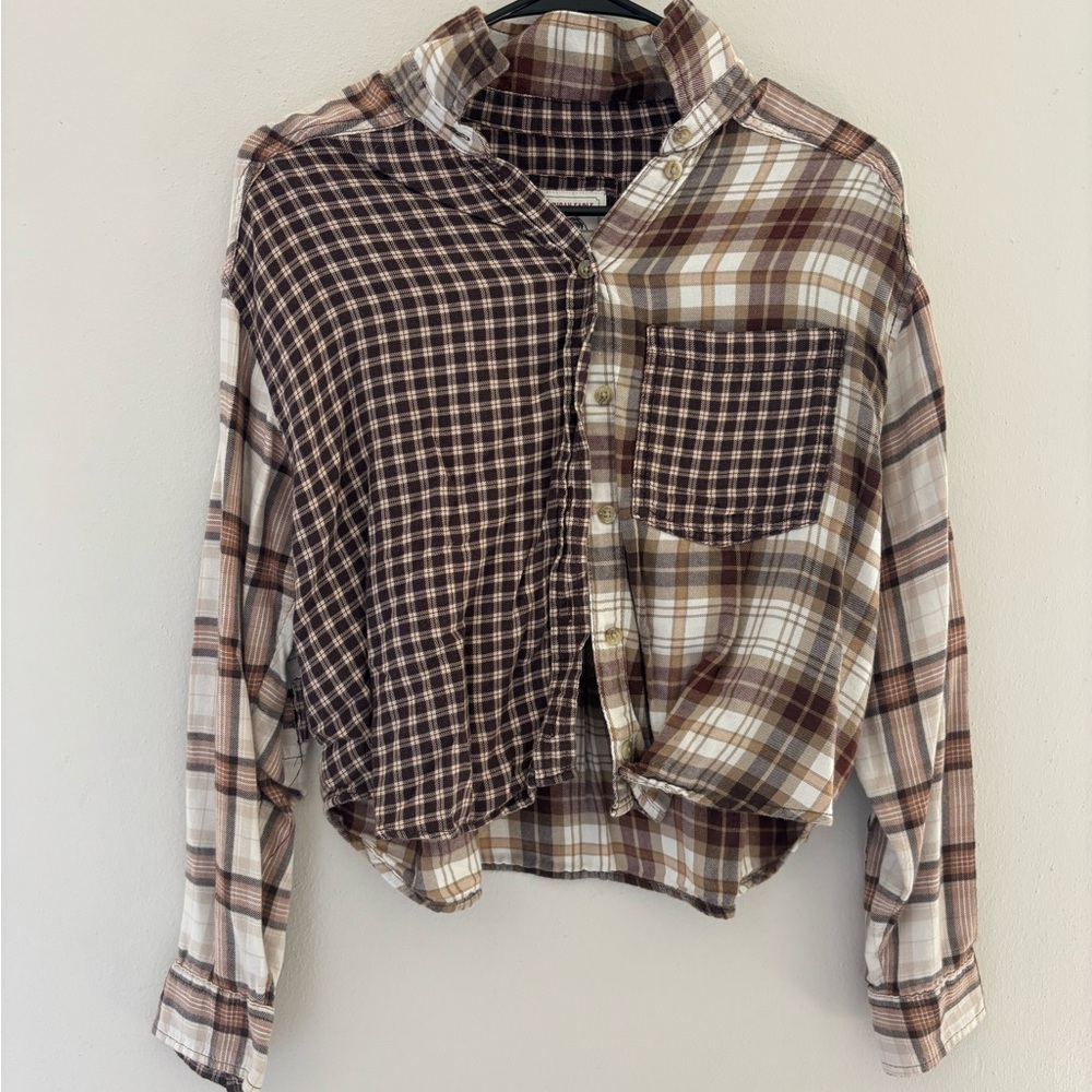 American Eagle Outfitters Plaid Patchwork Jacket - Brown and Cream